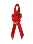 PR22 _G * Przypinka, butonierka z czerwoną różyczką i złotymi dodatkami  na czerwonej wstążce 