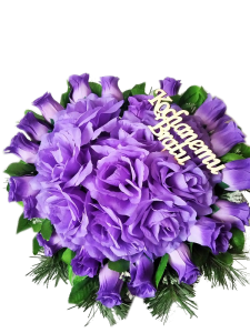 Fioletowa nagrobna kompozycja kwiatowa, na grób - NAPISY 