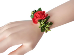 K22 _A * Kotylion na rękę na ślub, studniówkę, połowinki z czerwoną różyczką i zielonymi dodatkami