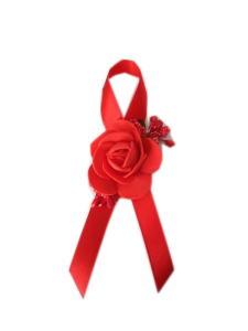 PR22 _E * Przypinka, butonierka z czerwoną różyczką i czerwonymi dodatkami  na czerwonej wstążce 