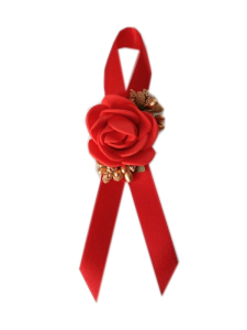 PR22 _G * Przypinka, butonierka z czerwoną różyczką i złotymi dodatkami  na czerwonej wstążce 