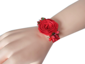 K23 _E  * Czerwony kotylion na rękę na ślub, studniówkę, połowinki z satynową różyczką i dodatkami  