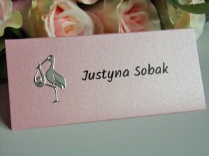 Perłowa winietka na chrzciny, chrzest ze srebrną aplikacją - bocianem * KOLORY