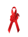 PR22 _E * Przypinka, butonierka z czerwoną różyczką i czerwonymi dodatkami  na czerwonej wstążce 