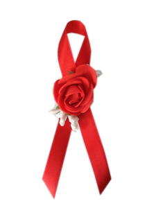 PR22 _J * Przypinka, butonierka z czerwoną różyczką i białymi dodatkami  na czerwonej wstążce 