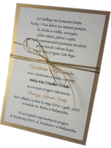 ZK17P * Zaproszenie na Pierwszą Komunię Świętą ze złotym sznureczkiem PERSONALIZOWANE