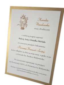 ZK18P * Zaproszenie na Pierwszą Komunię Świętą ze złotym kielichem PERSONALIZOWANE