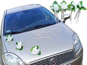 DS27 /Z * Dekoracja ślubna na samochód + 4 szt bukiecików na klamki samochodu na ślub, wesele 